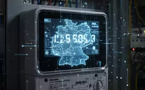 Ein modernes Smart Meter mit digitaler Anzeige, das Deutschland auf einem Bildschirm widerspiegelt und Konnektivität und Datenfluss symbolisiert. - Foto: über boerse-global.de