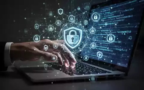Eine Hand tippt auf einer Laptoptastatur, über die ein komplexes Netz aus digitalen Sicherheitssymbolen und bösartigem KI-Code gelegt ist. - Foto: über boerse-global.de