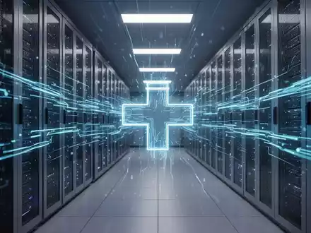 Ein modernes Rechenzentrum mit blauen Lichtströmen, die Datensicherheit symbolisieren, und einem angedeuteten medizinischen Kreuz. - Foto: über boerse-global.de