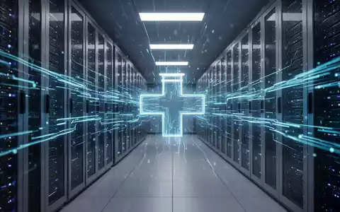 Ein modernes Rechenzentrum mit blauen Lichtströmen, die Datensicherheit symbolisieren, und einem angedeuteten medizinischen Kreuz. - Foto: über boerse-global.de
