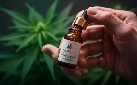 Eine Hand hält eine kleine, elegante bernsteinfarbene Tropfflasche mit einem minimalistischen Etikett, im Hintergrund angedeutete Cannabisblätter. - Foto: über boerse-global.de