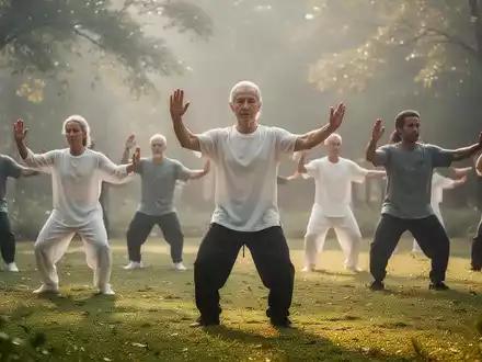 Eine Gruppe von Menschen praktiziert Qigong oder Tai Chi im Freien, umgeben von Bäumen und sanftem Morgenlicht. - Foto: über boerse-global.de