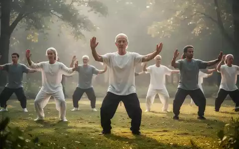 Eine Gruppe von Menschen praktiziert Qigong oder Tai Chi im Freien, umgeben von Bäumen und sanftem Morgenlicht. - Foto: über boerse-global.de