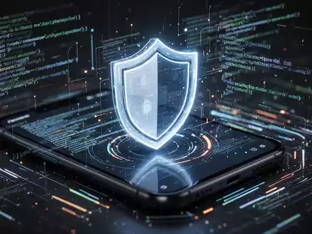 Ein stilisiertes, leuchtendes Schild-Symbol auf einem Android-Telefonbildschirm, umgeben von Code und Daten, symbolisiert Cybersicherheit. - Foto: über boerse-global.de