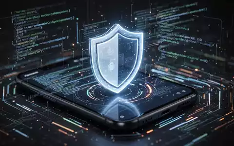 Ein stilisiertes, leuchtendes Schild-Symbol auf einem Android-Telefonbildschirm, umgeben von Code und Daten, symbolisiert Cybersicherheit. - Foto: über boerse-global.de