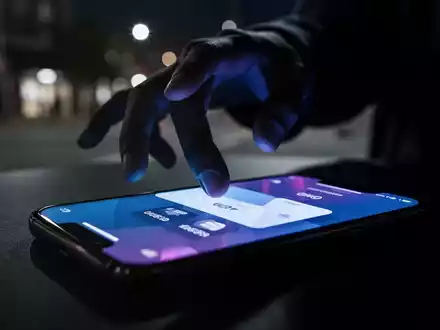 Nahaufnahme eines Smartphone-Bildschirms mit einer Zahlungs-App und einer schattenhaften Hand, die darauf zugreift, symbolisiert Betrug. - Foto: über boerse-global.de
