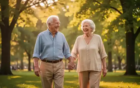 Ein älteres Paar geht Hand in Hand durch einen sonnigen Park, der die Bedeutung von Bewegung für Senioren symbolisiert. - Foto: über boerse-global.de