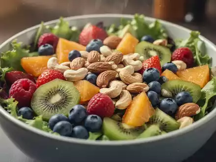 Eine Nahaufnahme einer bunten Salatschüssel mit Obst, Gemüse und Nüssen, die scheinbar gesund aussieht. - Foto: über boerse-global.de