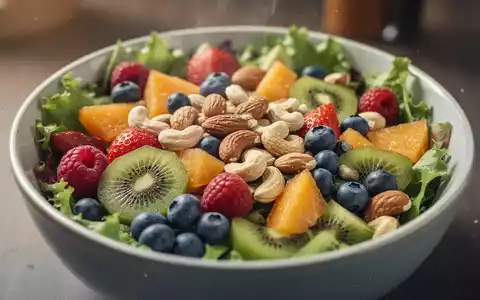 Eine Nahaufnahme einer bunten Salatschüssel mit Obst, Gemüse und Nüssen, die scheinbar gesund aussieht. - Foto: über boerse-global.de