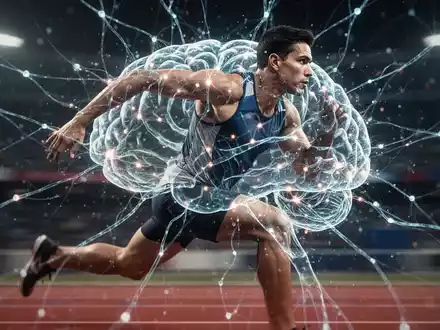 Eine stilisierte, leuchtende neuronale Netzwerkgrafik überlagert das unscharfe Bild eines sich bewegenden Athleten, symbolisiert Gehirntraining im Sport. - Foto: über boerse-global.de