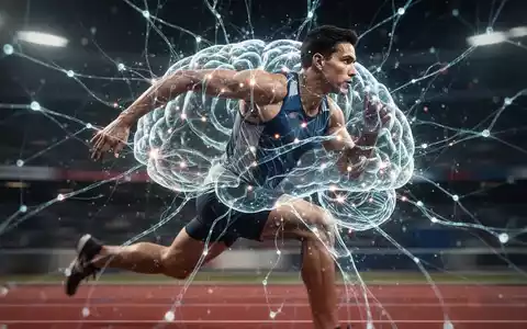 Eine stilisierte, leuchtende neuronale Netzwerkgrafik überlagert das unscharfe Bild eines sich bewegenden Athleten, symbolisiert Gehirntraining im Sport. - Foto: über boerse-global.de
