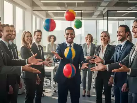 Eine Gruppe von Geschäftsleuten jongliert in einem modernen Büro mit drei bunten Bällen, was Teamarbeit und Stressabbau symbolisiert. - Foto: über boerse-global.de