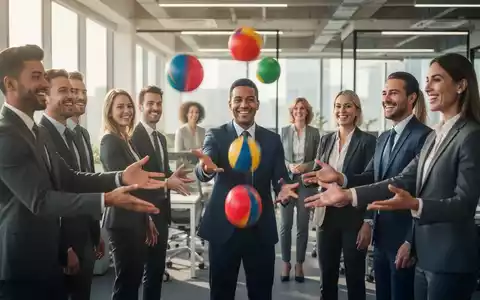 Eine Gruppe von Geschäftsleuten jongliert in einem modernen Büro mit drei bunten Bällen, was Teamarbeit und Stressabbau symbolisiert. - Foto: über boerse-global.de