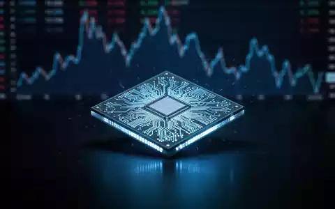 Ein leuchtender Quantenprozessor-Chip mit bläulichem Licht, der eine fallende Börsenkurve im Hintergrund beleuchtet. - Foto: über boerse-global.de