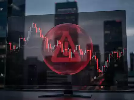 Ein fallender Börsenchart vor einem unscharfen Finanzviertel bei Dämmerung, der einen Markteinbruch nach einer Blasenwarnung darstellt. - Foto: über boerse-global.de