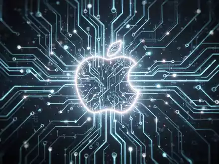 A glowing, abstract neural network design with a subtle Apple logo, representing AI innovation and technological advancement. - Foto: über boerse-global.de