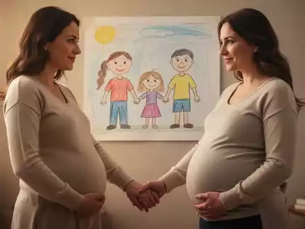 Zwei Frauen, eine schwanger, halten Hände vor einer Kinderzeichnung einer Familie. Symbolisiert rechtliche Gleichstellung und Erbrecht. - Foto: über boerse-global.de