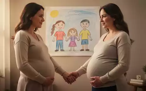 Zwei Frauen, eine schwanger, halten Hände vor einer Kinderzeichnung einer Familie. Symbolisiert rechtliche Gleichstellung und Erbrecht. - Foto: über boerse-global.de