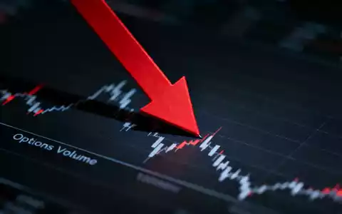 Ein stilisierter roter Abwärtspfeil durchdringt eine Grafik, die das Optionsvolumen darstellt, vor dunklem Hintergrund. - Foto: über boerse-global.de