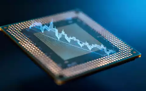 Ein stilisierter Mikrochip mit einem transparenten, abwärts gerichteten Börsenkursdiagramm auf dunklem Hintergrund. - Foto: über boerse-global.de