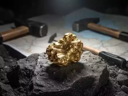 Ein glänzender Goldklumpen auf dunklem Fels, mit unscharfen geologischen Werkzeugen und einer Karte im Hintergrund. - Foto: über boerse-global.de