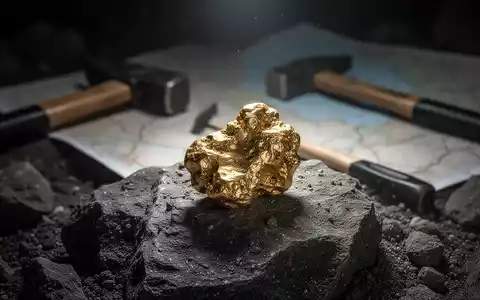 Ein glänzender Goldklumpen auf dunklem Fels, mit unscharfen geologischen Werkzeugen und einer Karte im Hintergrund. - Foto: über boerse-global.de