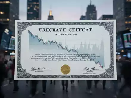 Ein generisches Aktienzertifikat mit einem angedeuteten Abwärtstrend, verschwommener Finanzbezirk im Hintergrund bei Dämmerung. - Foto: über boerse-global.de