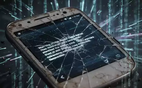 Ein Nahaufnahme eines alten, rissigen Android-Smartphones mit einer Warnmeldung auf dem Bildschirm, umgeben von verschwommenen digitalen Bedrohungen. - Foto: über boerse-global.de