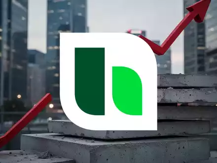 Roter Pfeil, der durch Betonplatten sticht, mit Finanzviertel im Hintergrund, symbolisiert Aktienrückgang von Heidelberg Materials. - Foto: über boerse-global.de