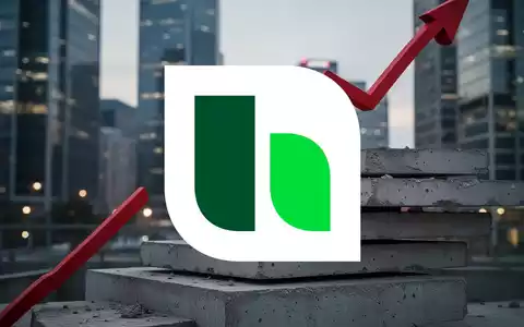 Roter Pfeil, der durch Betonplatten sticht, mit Finanzviertel im Hintergrund, symbolisiert Aktienrückgang von Heidelberg Materials. - Foto: über boerse-global.de