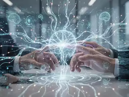 Abstract image of human hands interacting with a holographic interface, surrounded by glowing neural pathways and digital data streams, symbolizing AI-driven digital transformation. - Foto: über boerse-global.de