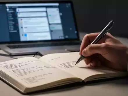 Eine Hand schreibt in ein Notizbuch, im Hintergrund ist ein unscharfes Tablet mit digitalen Notizen zu sehen. - Foto: über boerse-global.de