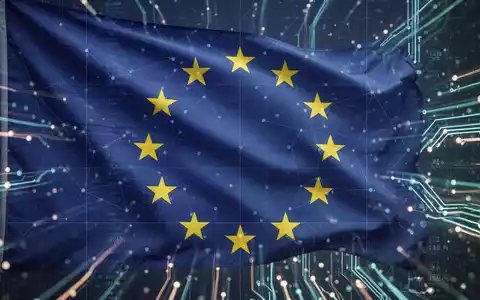 European Union flag with a digital network overlay and abstract technological circuits, representing digital sovereignty and technological independence. - Foto: ĂŒber boerse-global.de