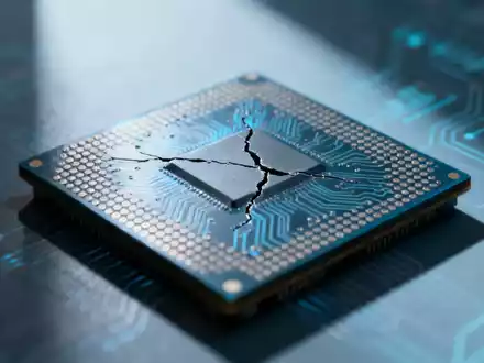 Ein beschädigter Mikrochip mit einem Riss, der finanzielle Verluste und einen Abwärtstrend im Technologiesektor symbolisiert. - Foto: über boerse-global.de