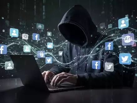 Eine dunkle Gestalt in einem Kapuzenpulli tippt auf einem Laptop, umgeben von leuchtenden digitalen Linien und Social-Media-Symbolen, die Online-Betrug darstellen. - Foto: über boerse-global.de