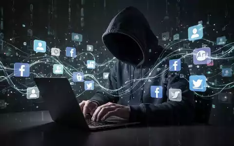 Eine dunkle Gestalt in einem Kapuzenpulli tippt auf einem Laptop, umgeben von leuchtenden digitalen Linien und Social-Media-Symbolen, die Online-Betrug darstellen. - Foto: über boerse-global.de