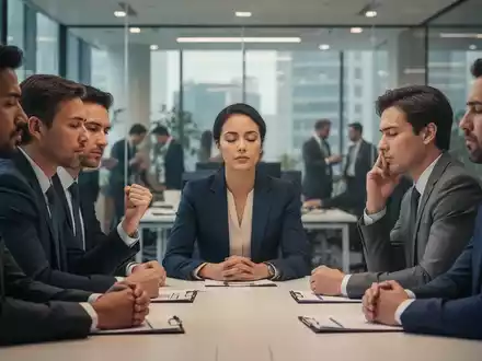 Eine Gruppe von Fachleuten in einem modernen Büro. Eine Person ballt die Faust unter dem Tisch, während eine andere tief atmet. - Foto: über boerse-global.de