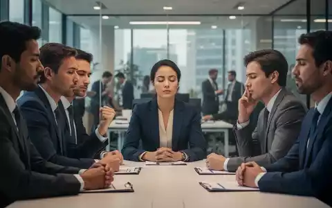 Eine Gruppe von Fachleuten in einem modernen Büro. Eine Person ballt die Faust unter dem Tisch, während eine andere tief atmet. - Foto: über boerse-global.de