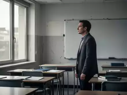 Eine nachdenkliche Lehrerin blickt aus dem Fenster eines leeren Klassenzimmers, das die Herausforderungen im Bildungswesen symbolisiert. - Foto: über boerse-global.de