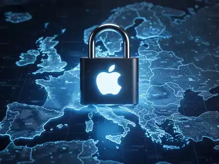 Ein digitales Vorhängeschloss mit Apple-Logo über einer stilisierten EU-Karte, die blau leuchtet. - Foto: über boerse-global.de
