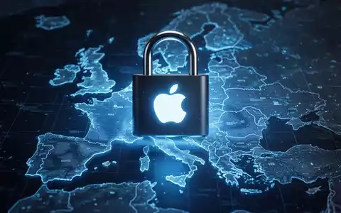 Ein digitales Vorhängeschloss mit Apple-Logo über einer stilisierten EU-Karte, die blau leuchtet. - Foto: über boerse-global.de