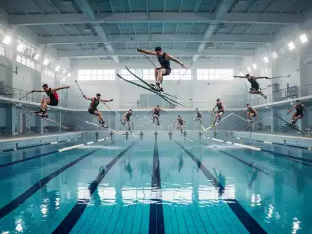 Eine Gruppe von Athleten macht Skigymnastik in einem leeren, hell erleuchteten Hallenbadbecken mit blauen Fliesen. - Foto: über boerse-global.de