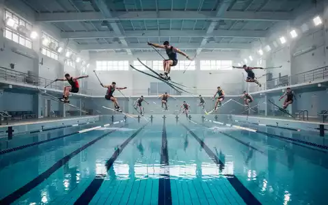 Eine Gruppe von Athleten macht Skigymnastik in einem leeren, hell erleuchteten Hallenbadbecken mit blauen Fliesen. - Foto: über boerse-global.de