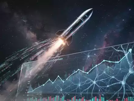 Eine futuristische Rakete startet ins All, umgeben von digitalen Datenströmen. Im Vordergrund ein holografisches Display mit fallenden Finanzcharts. - Foto: über boerse-global.de