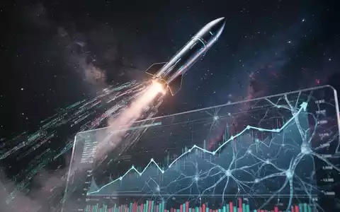 Eine futuristische Rakete startet ins All, umgeben von digitalen Datenströmen. Im Vordergrund ein holografisches Display mit fallenden Finanzcharts. - Foto: über boerse-global.de