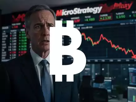 Michael Saylor, CEO von MicroStrategy, in einem angespannten Büroumfeld, mit fallenden Aktienkursen im Hintergrund. - Foto: über boerse-global.de