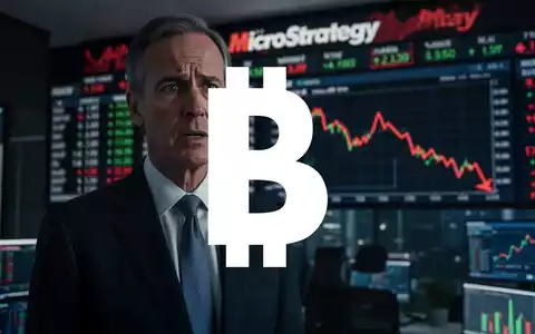 Michael Saylor, CEO von MicroStrategy, in einem angespannten Büroumfeld, mit fallenden Aktienkursen im Hintergrund. - Foto: über boerse-global.de