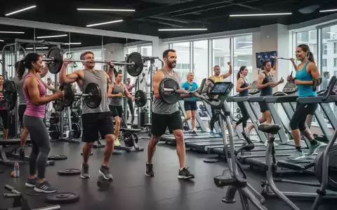 Eine Gruppe verschiedener Menschen trainiert in einem modernen Fitnessstudio, teils mit Gewichten, teils mit AusdauergerĂ€ten. - Foto: ĂŒber boerse-global.de