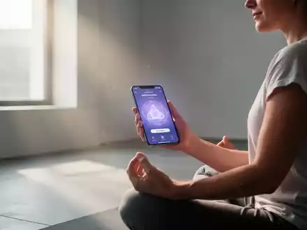 Eine Person meditiert ruhig in einem modernen Raum, hält ein Smartphone mit einer leuchtenden Achtsamkeits-App-Oberfläche in der Hand. - Foto: über boerse-global.de