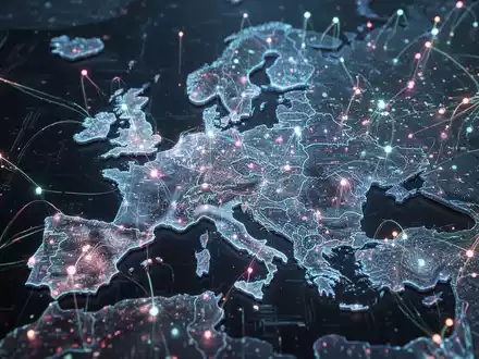 Eine stilisierte digitale Karte Europas, die durch leuchtende Datenströme und Knotenpunkte verbunden ist und technologische Souveränität symbolisiert. - Foto: über boerse-global.de